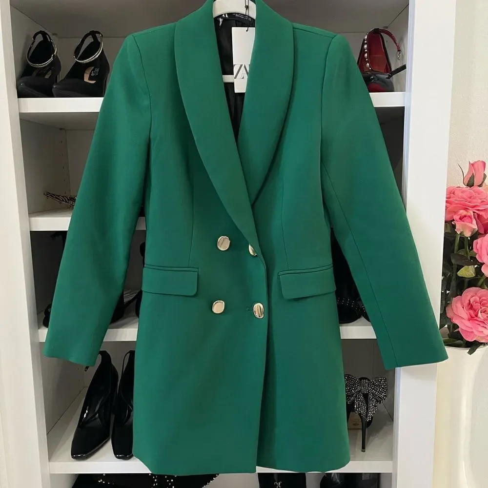 NWT  WOMEN'S DOUBLE BREASTED LONG BLAZER DRESS Green SIZE XS